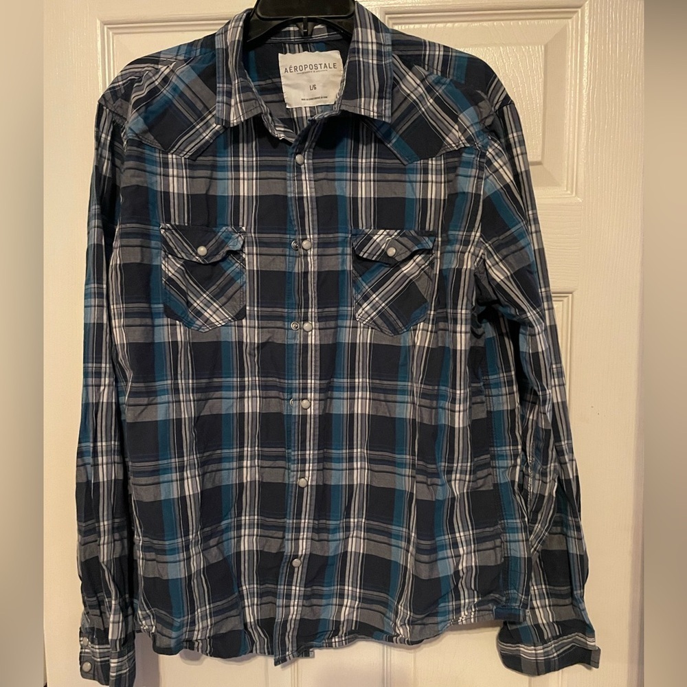 Aeropostale Blue and Black Pearl snap Shirt